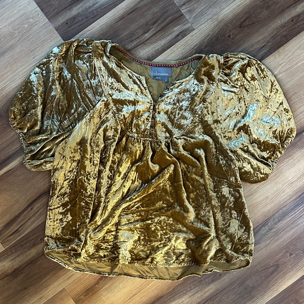 Anthropologie Shimmering Gold Velvet Blouse